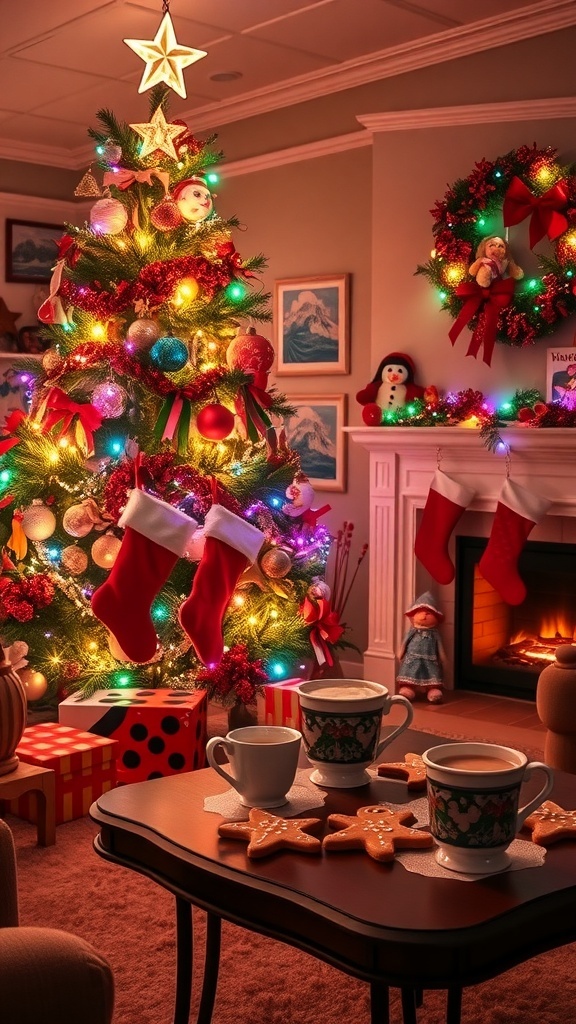 90s Christmas Bucket List Ideas A cozy 90s Christmas living room with a decorated tree, stockings, and festive treats.